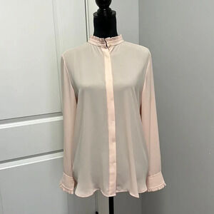 Loft peach button down blouse with ruffle long sleeves and neck.